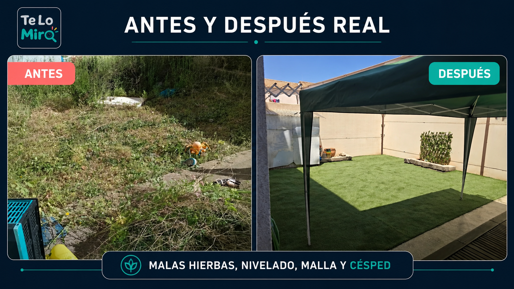Antes y después real de una terraza con césped artificial