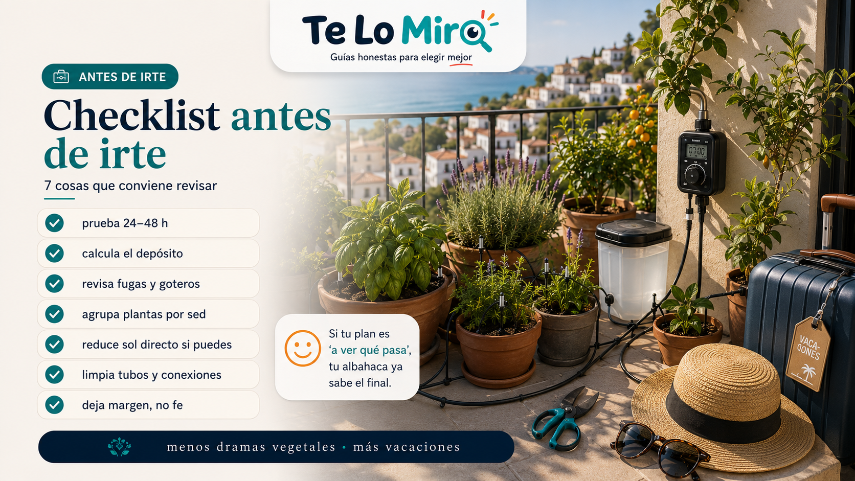 Checklist de 48 horas para probar el riego automático para vacaciones