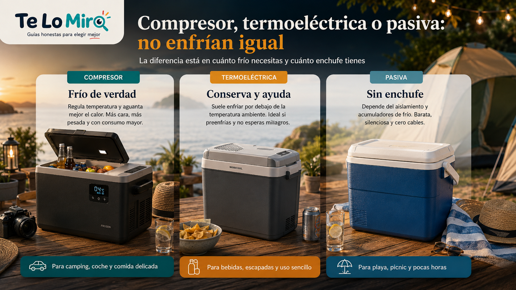 Comparativa entre nevera portátil de compresor, termoeléctrica y pasiva