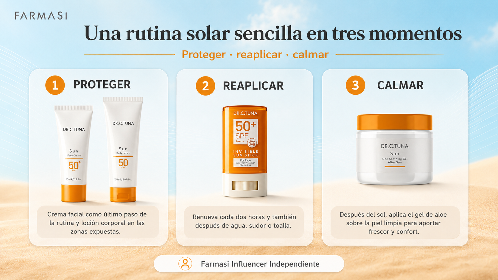 Rutina de protección solar FARMASI en tres momentos